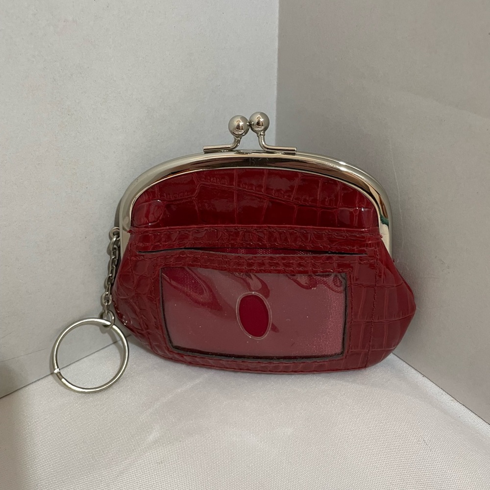 Liz Claiborne Red Silver Textured Coin Change Purse Wallet keyring ID holder - Picture 2 of 5